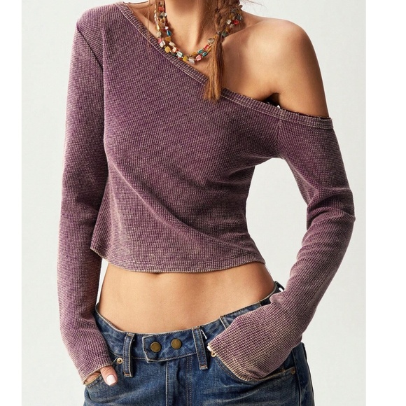 Casual Waffle Knit One shoulder Cropped Long sleeve top - Picture 5 of 10